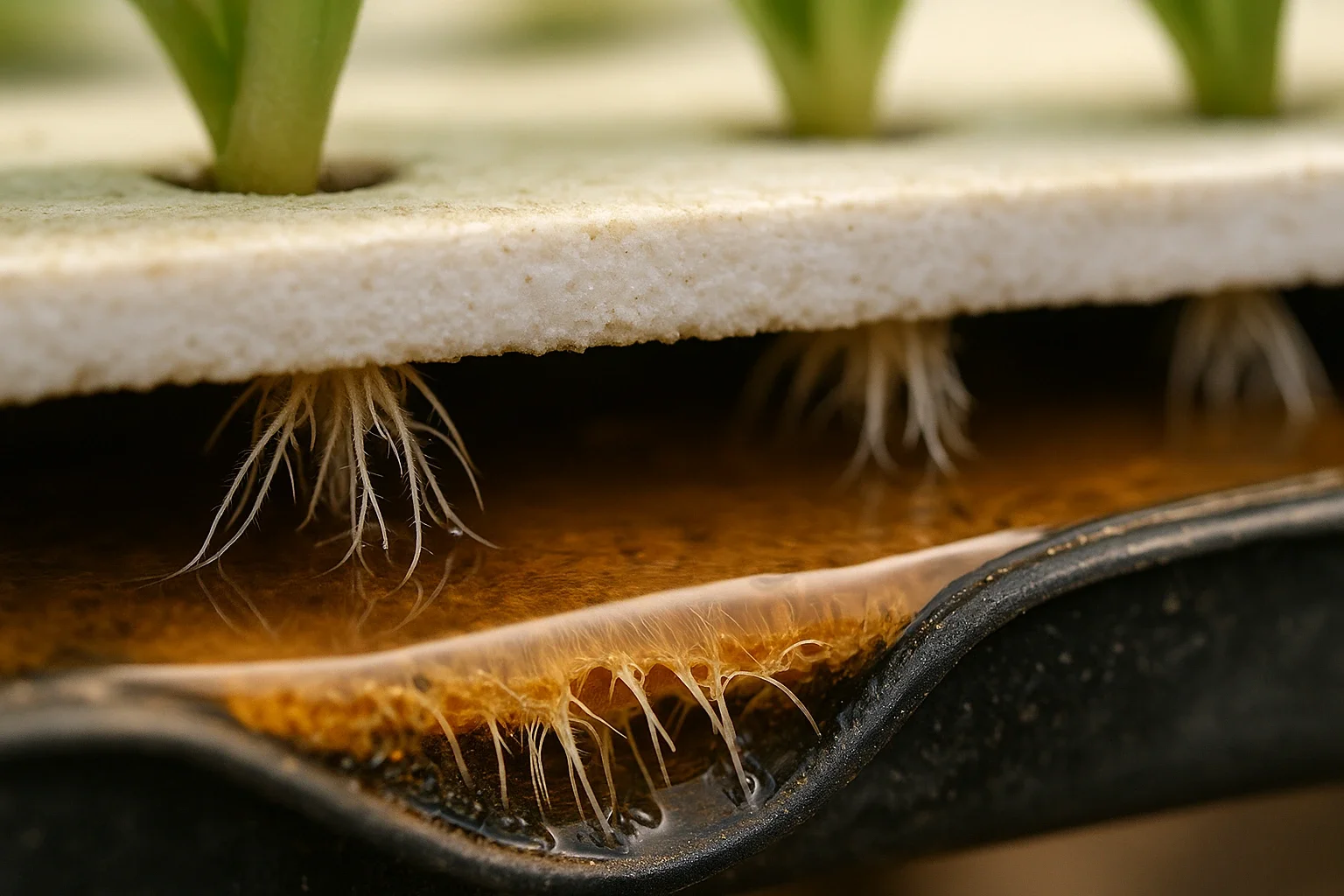 Close da bandeja de cultivo em sistema de DFT