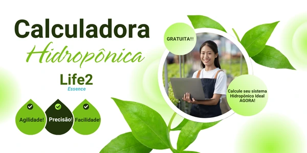Banner promocional da calculadora hidropônica interativa com agricultora usando notebook entre cultivos