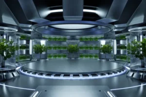 Plantas cultivadas em sistema hidropônico futurista demonstrando segurança alimentar com hidroponia