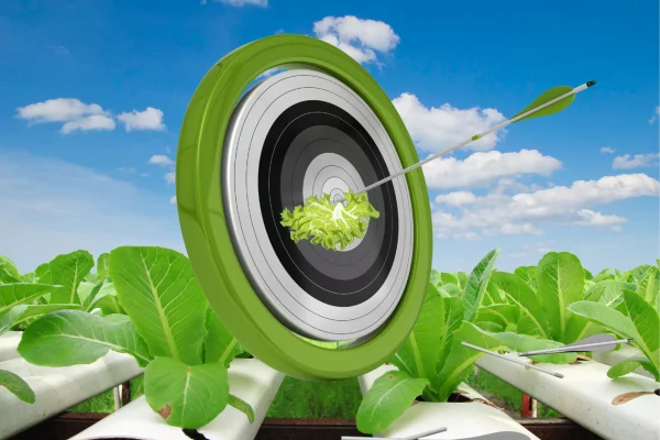  Alvo com alface hidropônica no centro simbolizando foco e eficiência das vantagens da hidroponia