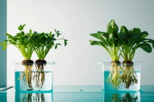 Plantas crescendo em recipientes hidropônicos compactos com raízes submersas em água