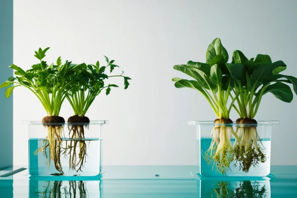 Plantas crescendo em recipientes hidropônicos compactos com raízes submersas em água
