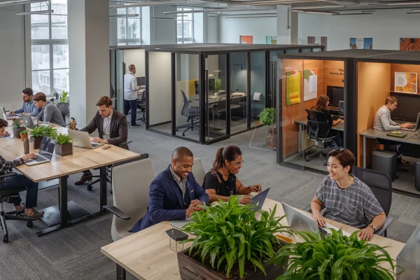 Escritório moderno com pessoas trabalhando em múltiplas tarefas e estímulos visuais