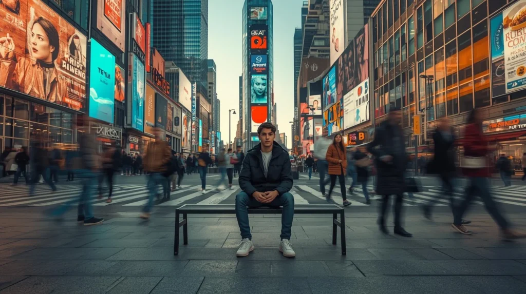 Pessoa sentada em ambiente urbano cercada por estímulos visuais e movimento intenso