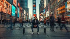 Pessoa sentada em ambiente urbano cercada por estímulos visuais e movimento intenso