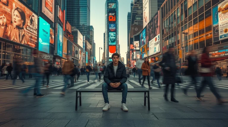 Pessoa sentada em ambiente urbano cercada por estímulos visuais e movimento intenso
